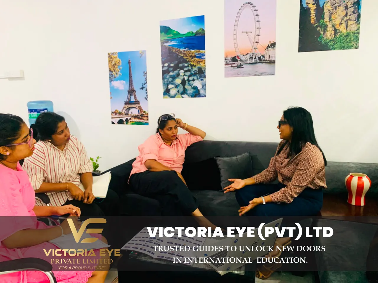 Clients chatting with Victoria Eye staff in the office