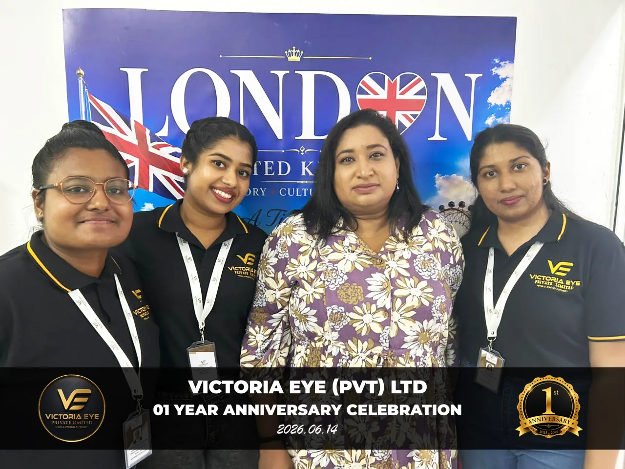 Victoria Eye team with a guest at the company's first anniversary celebration, 14 June 2026
