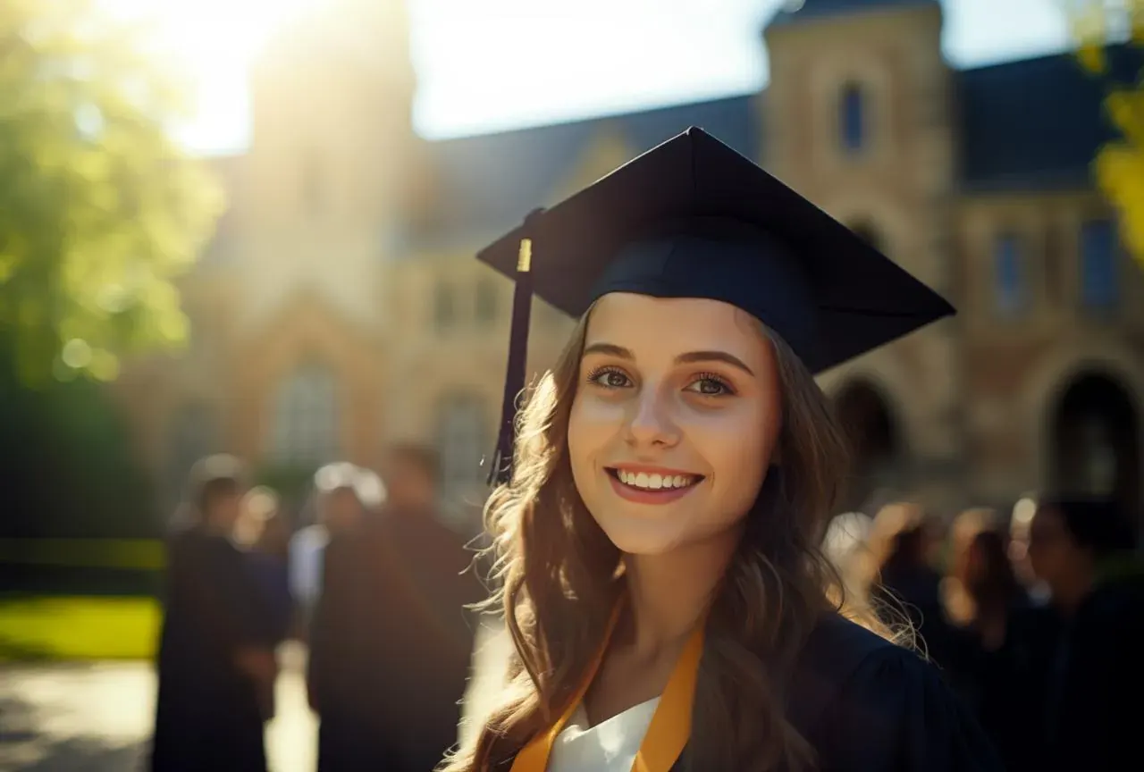 A smiling graduate in a cap and gown outside a university building