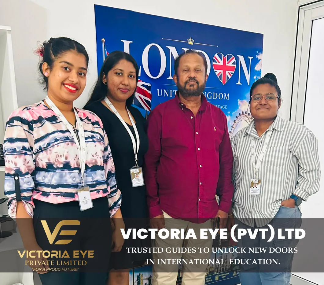 Happy Victoria Eye clients with staff in front of a London backdrop