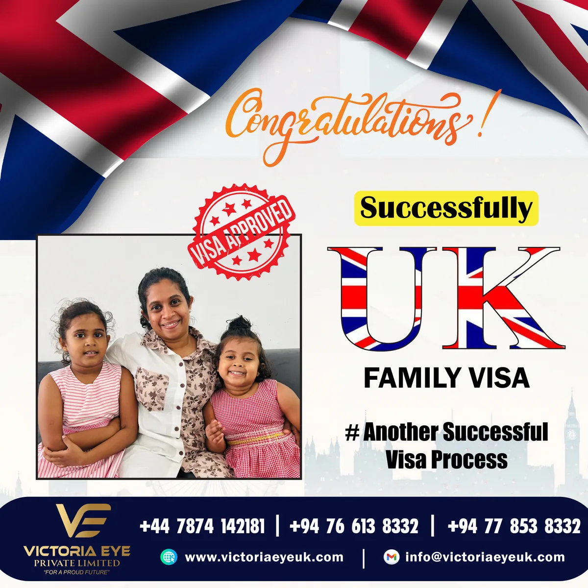 Congratulations poster: the Udeni family granted a UK family visa
