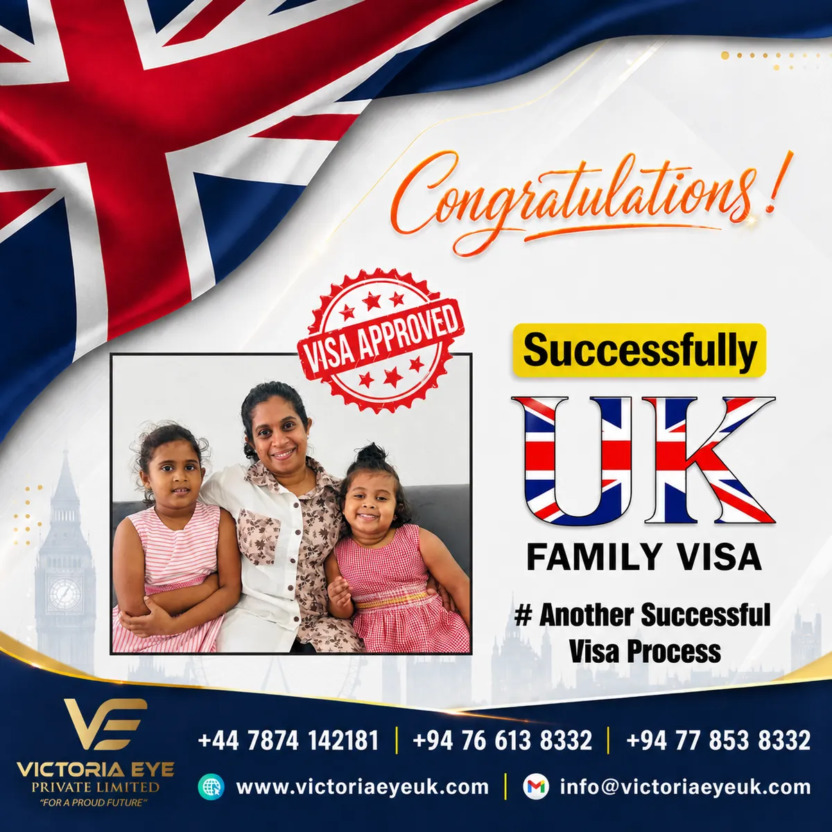 Congratulations poster: a family successfully granted a UK family visa