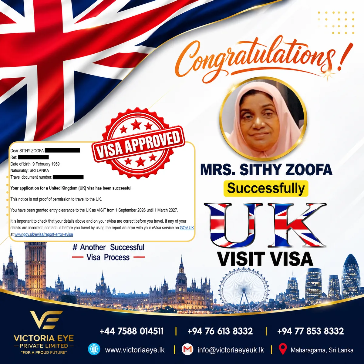 Congratulations poster: Mrs. Sithy Zoofa granted a UK visit visa